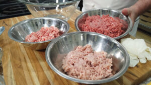 2 parts ground beef to one part ground veal and one part ground pork